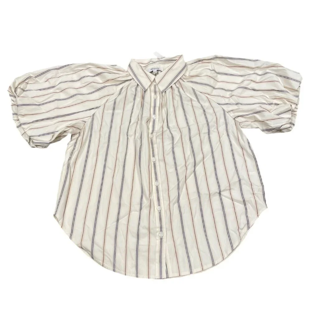 NWT Madewell Sz M Shirred Bubble-Sleeve Button-Up Shirt Poplin Coffee Tan Stripe - Picture 3 of 12